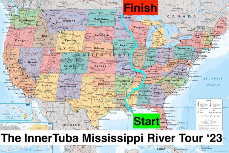 Map of the United States outlining the course of th InnerTuba Mississippi Tour of 2023.
